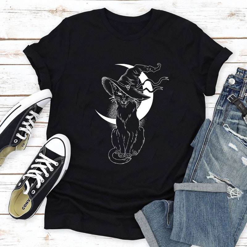 Celestial Moon Cat Witch T-shirt Aesthetic Women Vintage