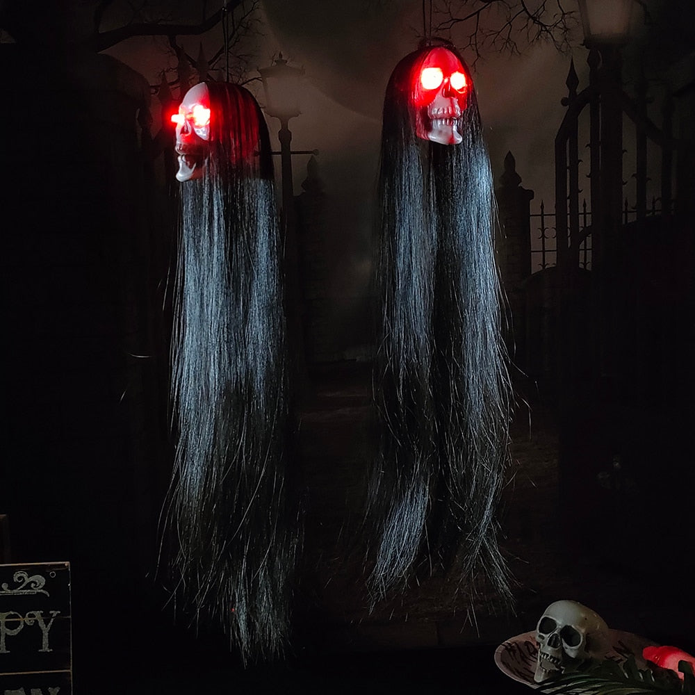 Halloween Hanging Ghost Skull with Long Hair and Glowing Eyes  Decoration