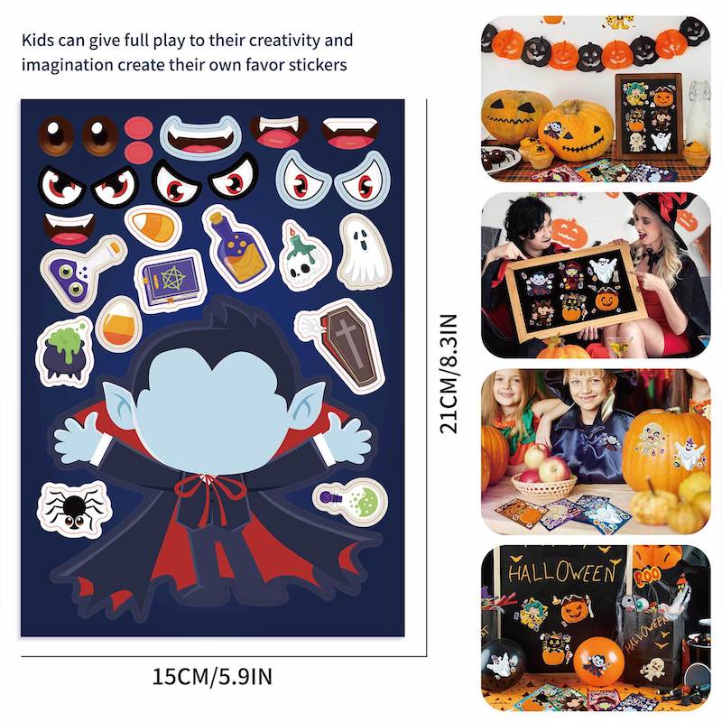 Halloween Party Favors Stickers for Kids 6-24sheets DIY Ghost Witch Mummy Make A Face Stickers Children Toddles Puzzle Jigsaw