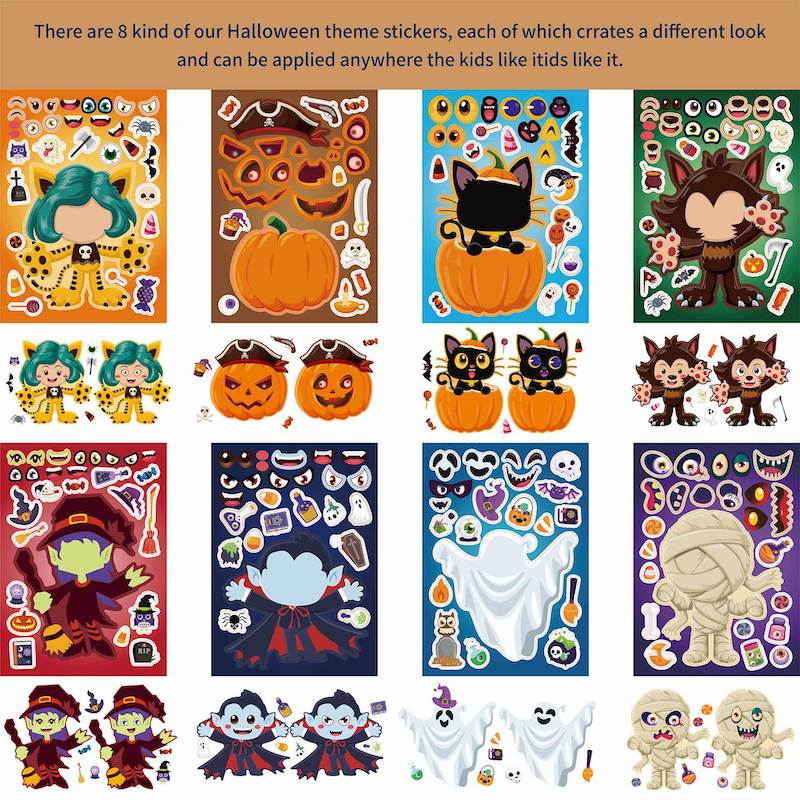 Halloween Party Favors Stickers for Kids 6-24sheets DIY Ghost Witch Mummy Make A Face Stickers Children Toddles Puzzle Jigsaw