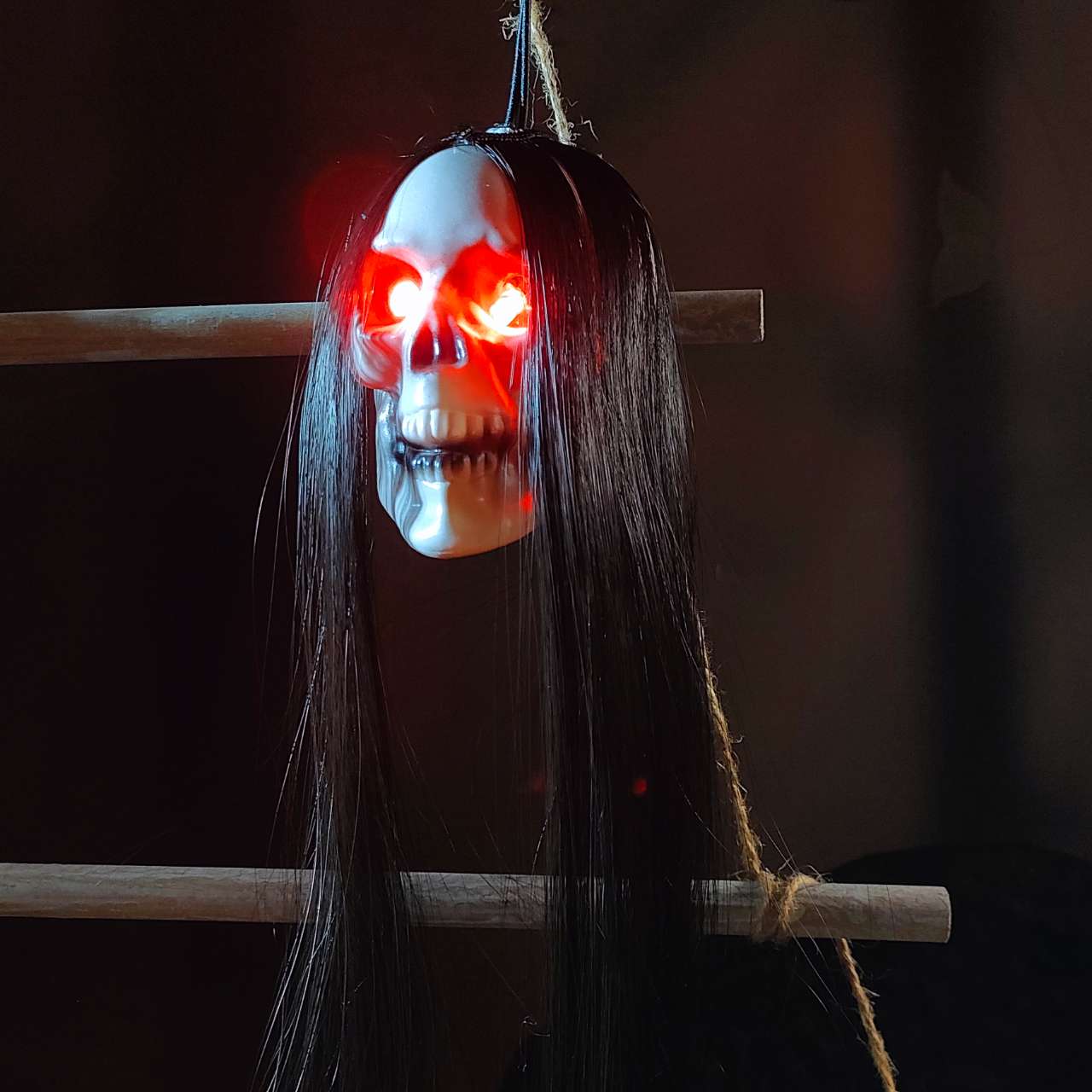 Halloween Hanging Ghost Skull with Long Hair and Glowing Eyes  Decoration