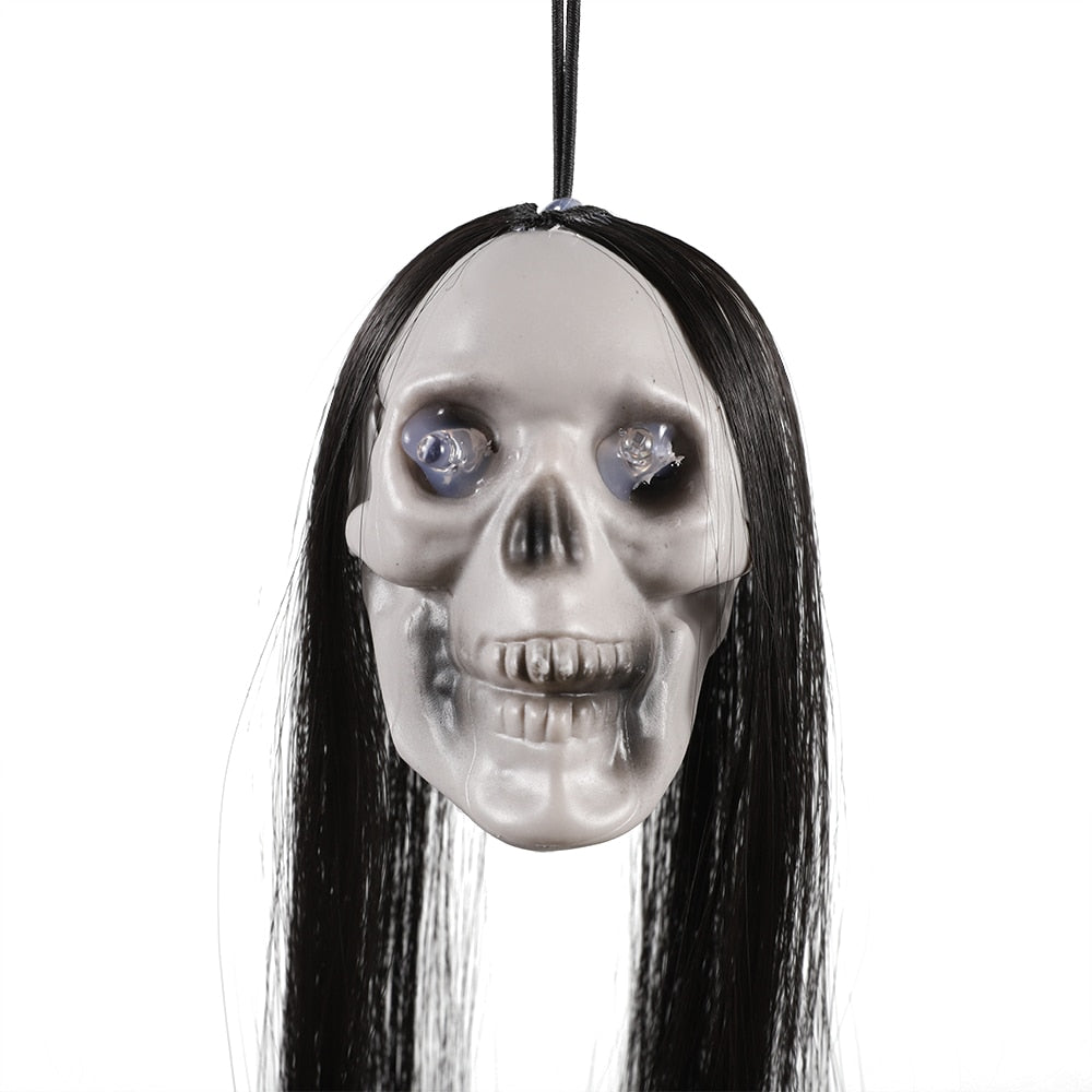 Halloween Hanging Ghost Skull with Long Hair and Glowing Eyes  Decoration