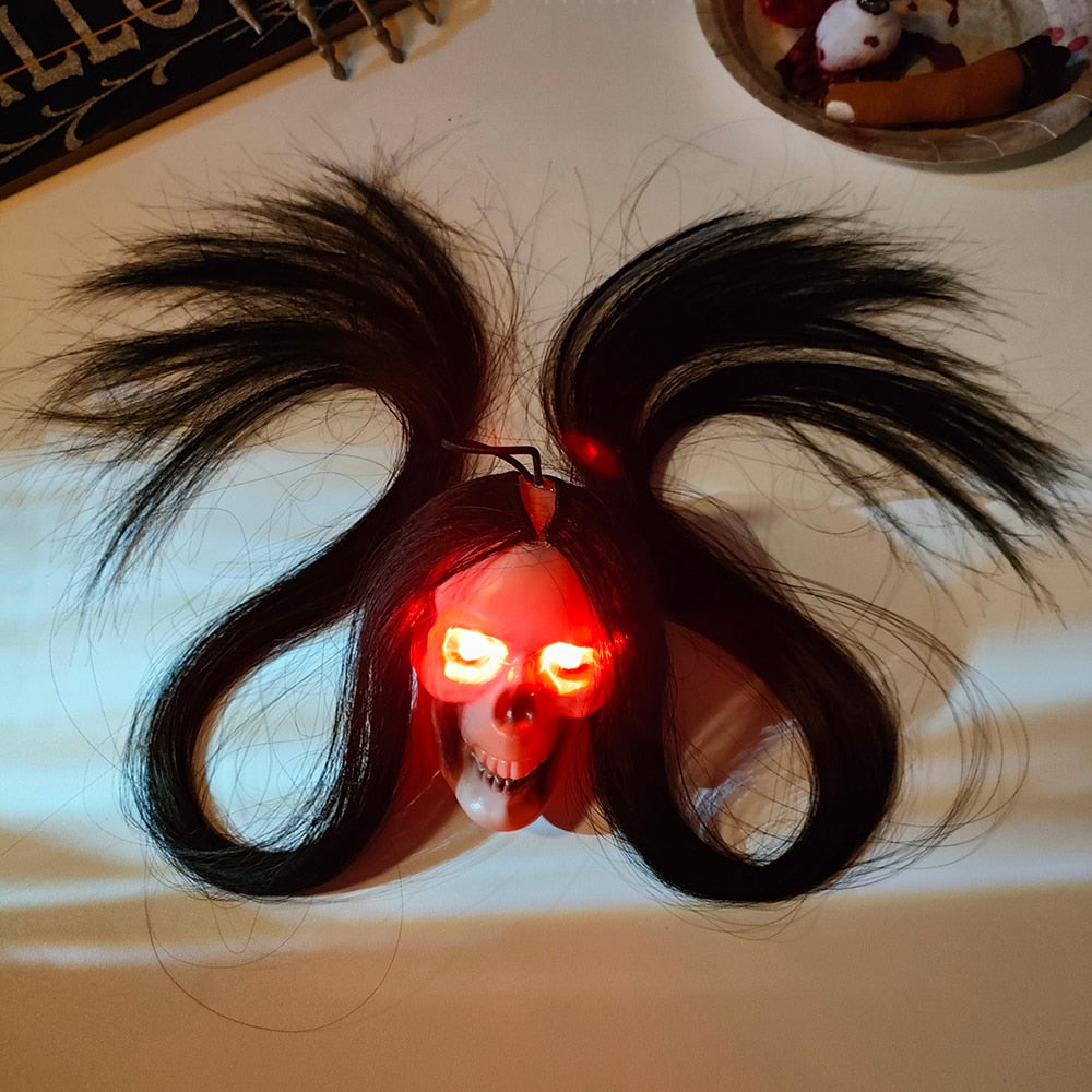 Halloween Hanging Ghost Skull with Long Hair and Glowing Eyes  Decoration