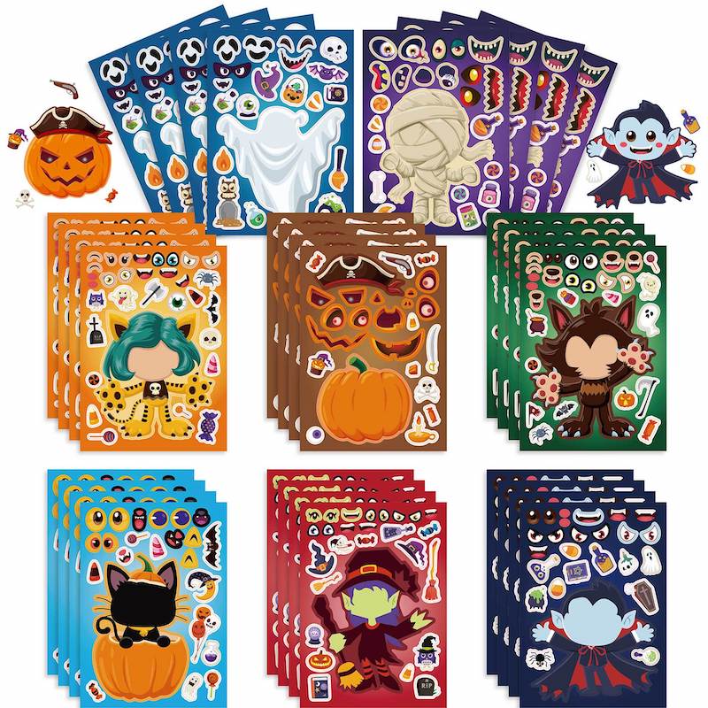 Halloween Party Favors Stickers for Kids 6-24sheets DIY Ghost Witch Mummy Make A Face Stickers Children Toddles Puzzle Jigsaw